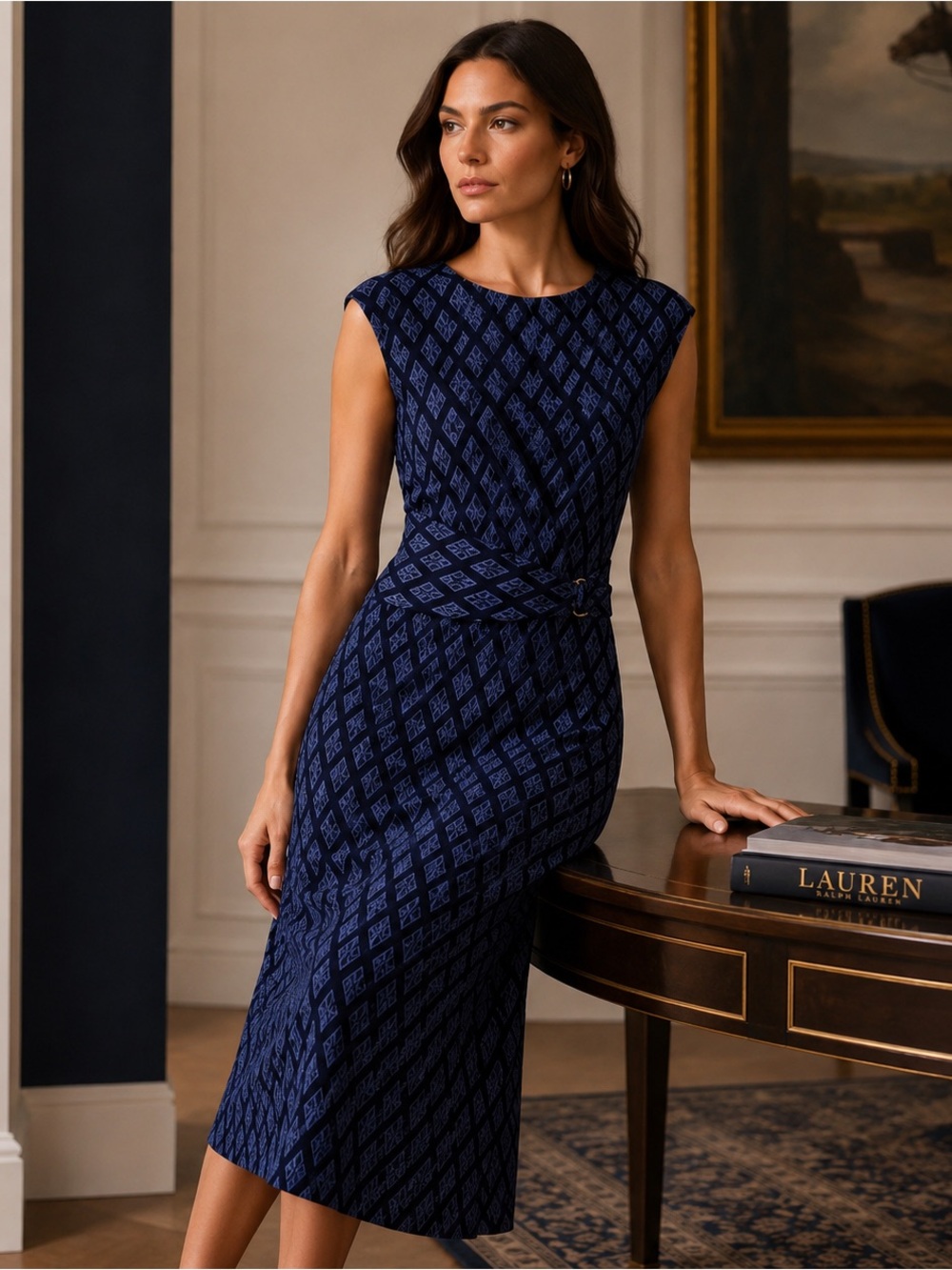 NWT Lauren Ralph Lauren Sleeveless Geometric Print Midi Dress Size 8 Navy